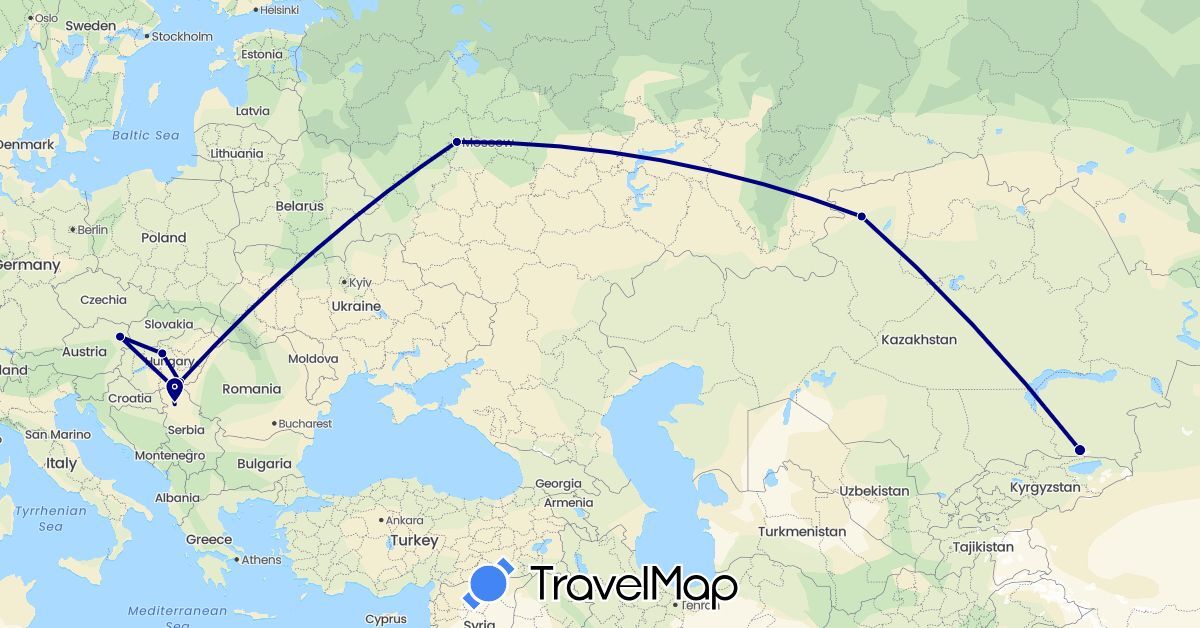 TravelMap itinerary: driving in Austria, Hungary, Kazakhstan, Serbia, Russia (Asia, Europe)
